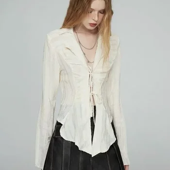 여성용 레이스 업 블라우스, 긴팔 턴다운 칼라 셔츠, 여성용 크롭 y2k 상의, 한국 패션, 시크, 2000 년대 신상 