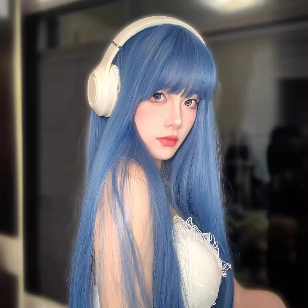 

Synthetic Wig Women, Full Head, Anime Universal Cosplay Wig, Long Straight Blue-Gray Hair, Natural Looking Human Hair Simulation