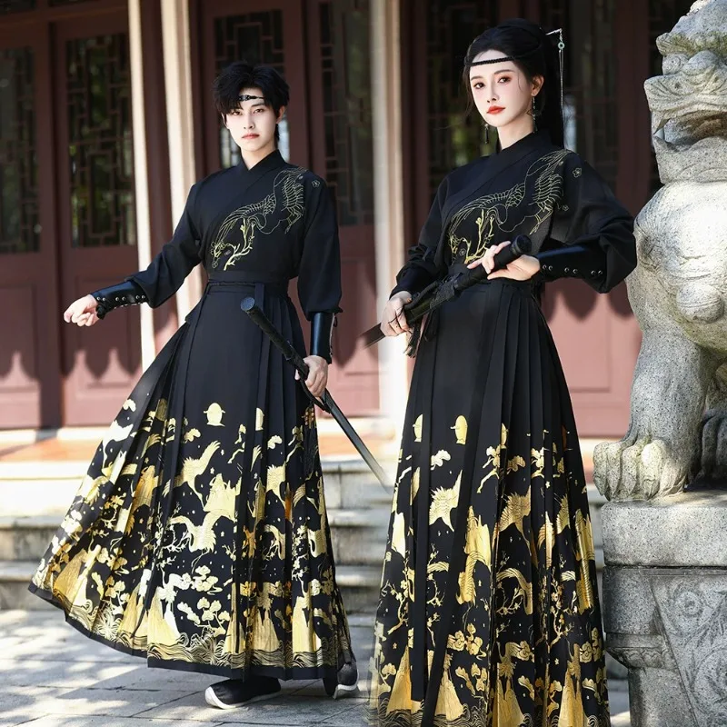 Large Size 4XL Women Black Gold Dragon Embroidery Hanfu Set Ancient Chinese Wuxia Swordsman Costume Traditional Ming Face Skirt