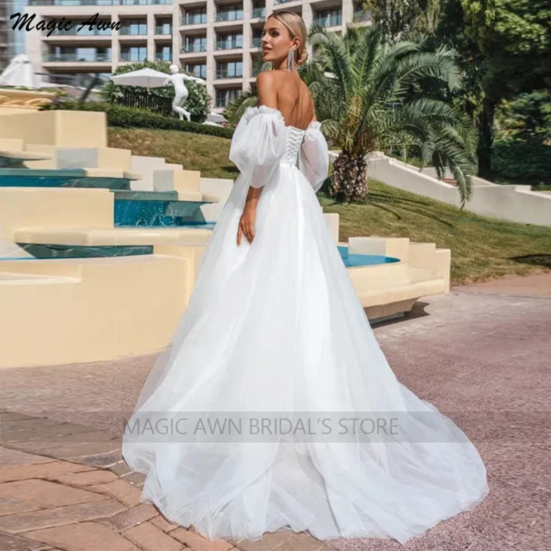 Magic Awn Off The Shoulder abiti Da Sposa bianchi Boho Soft Tulle Lace-Up Back Beach Mariage abiti per le donne Abito Da Sposa