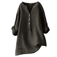 Women's Multi-Color Linen Long Sleeve Blouse Henley Neck Asymmetric Hem Loose Casual Top 3