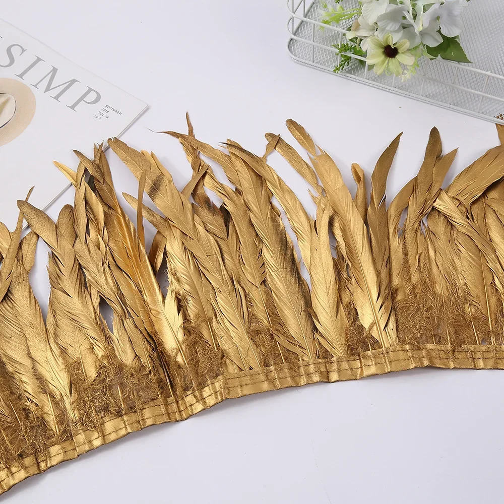 2Meter Gouden Ganzenveren Haan Veren Op Tape Fringe Trim Pluimen Diy Naaien Passementen Lint Kunstmatige Decoraties