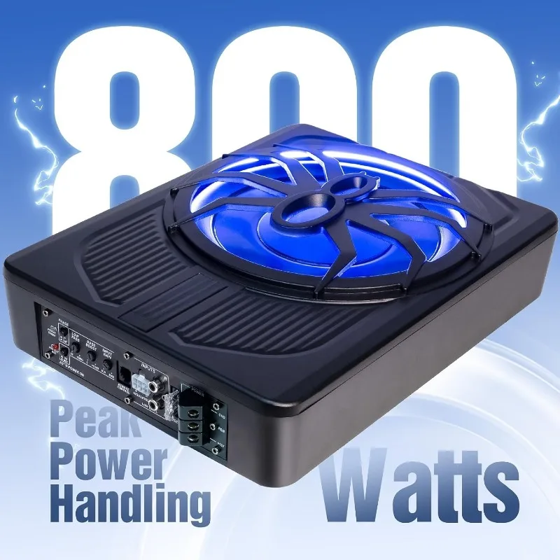 

10" Upgrade 800W Slim Under Seat Powered Car Subwoofer, Car/Truck Audio Sub Built In Amplifier Amp Combo Package, With Blue LED