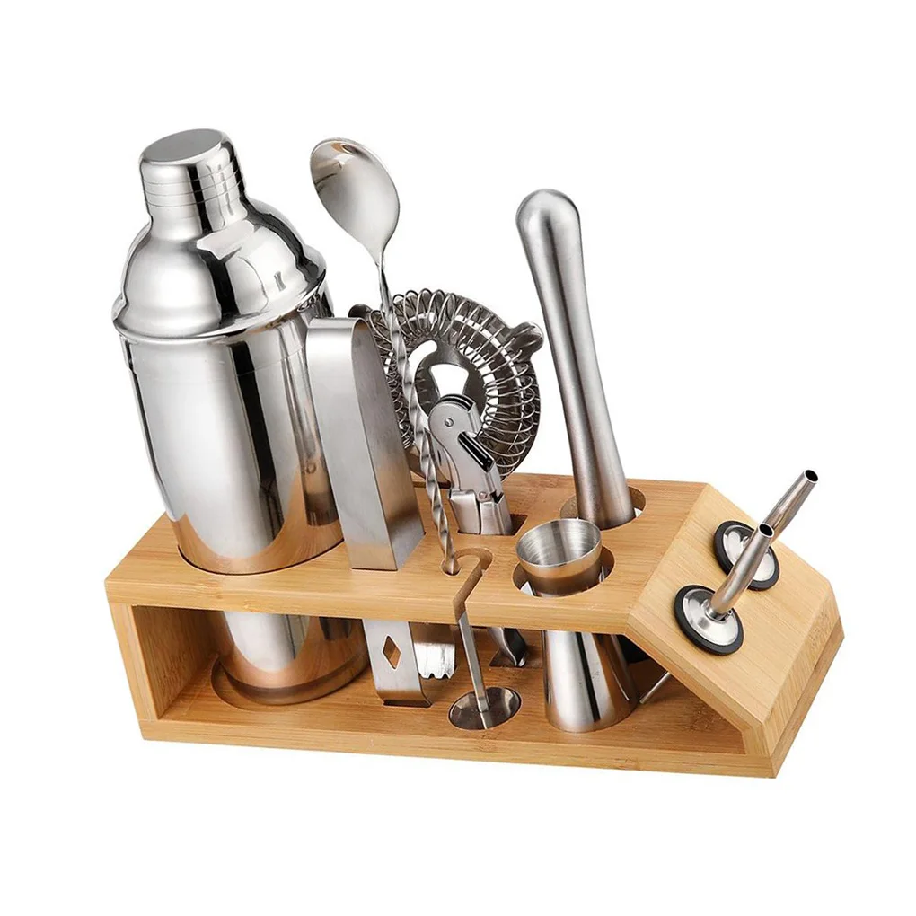 

Cocktail Shaker Set with Stand Stainless Steel Browser Kit Wood Rack Home Supplies Bar Party Tools Camping Accessories