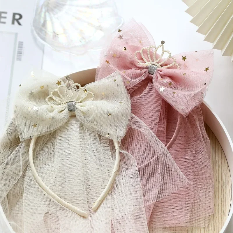 Diademas de princesa bonitas para niñas pequeñas, velo Retro, corona de lazo, aro de pelo de perlas, tocado de fiesta de cumpleaños, tocado para