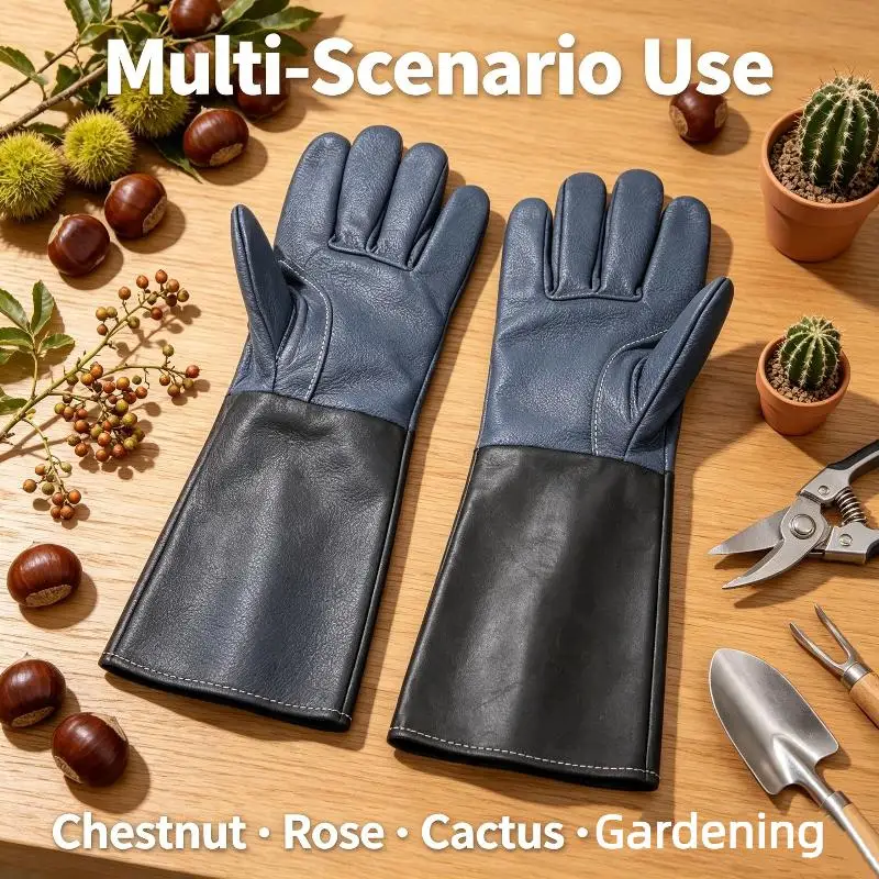 Gartenhandschuhe aus Rindsleder, durchstichfest, dornenresistent, ideal zum Kastanienpflücken und zur Obsternte. – Detail 10
