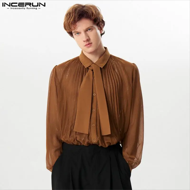 INCERUN 2024 New Men\'s Sexy Shirts Mesh Transparent Lapel Long Sleeve Camisa Tie Pleated Solid Color Comfortable Clothing S-5XL