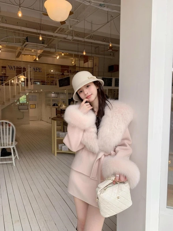 

Winter Woolen Coat Knot Waist-Cinching Skirt Set Short Sized Female Standard Cut Commute Style Fashion Design