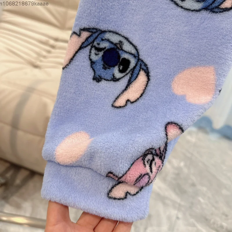 Stitch Cute Cartoon Print Coral Fleece Trousers Women New Casual Fashion Home Pants Autumn Winter Thick Warm Loose Pajama Pants