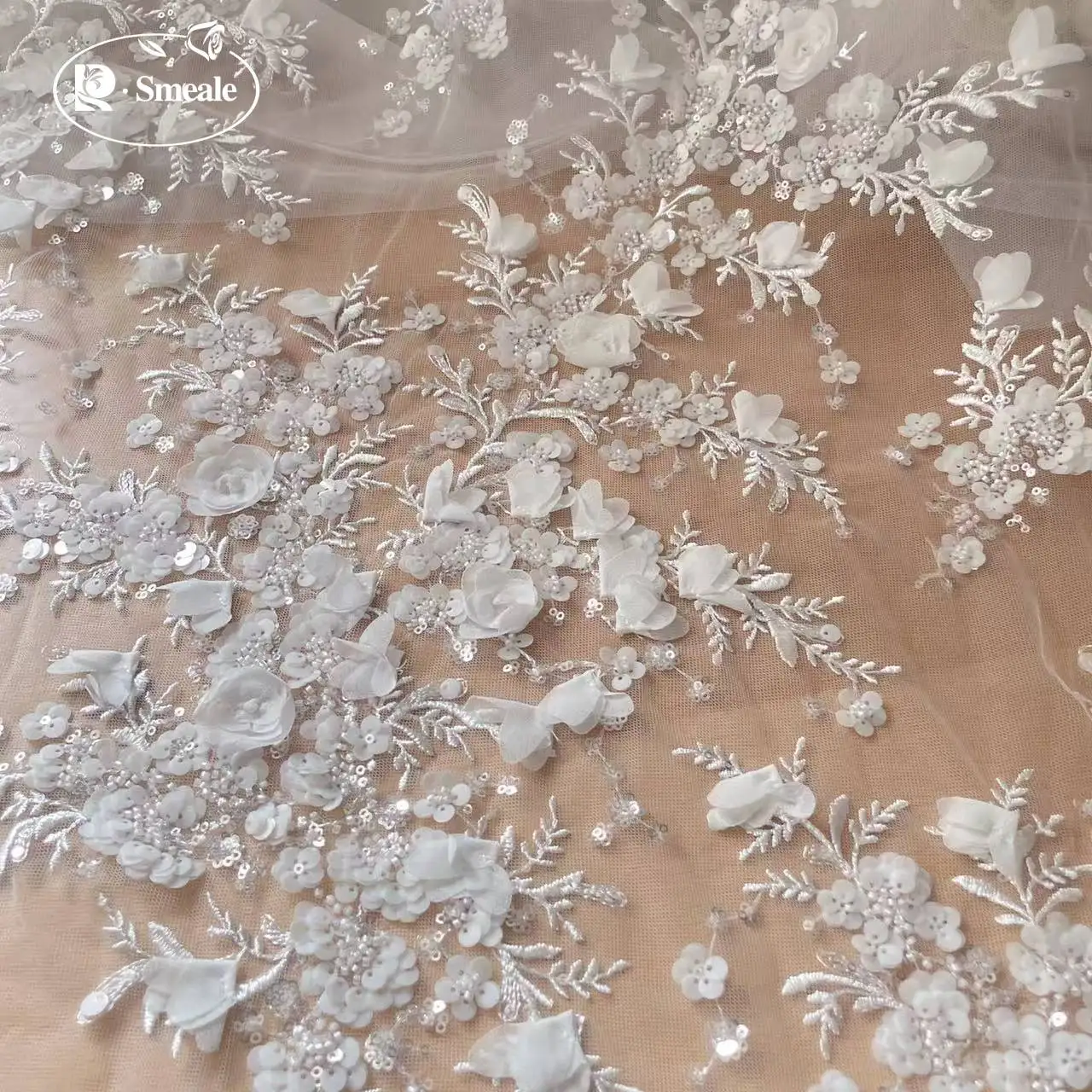 -White 3D Chiffon Flowers Beaded Sequins Embroidered Lace Fabric . Wedding Dress Shining Bride Fabric RS250481