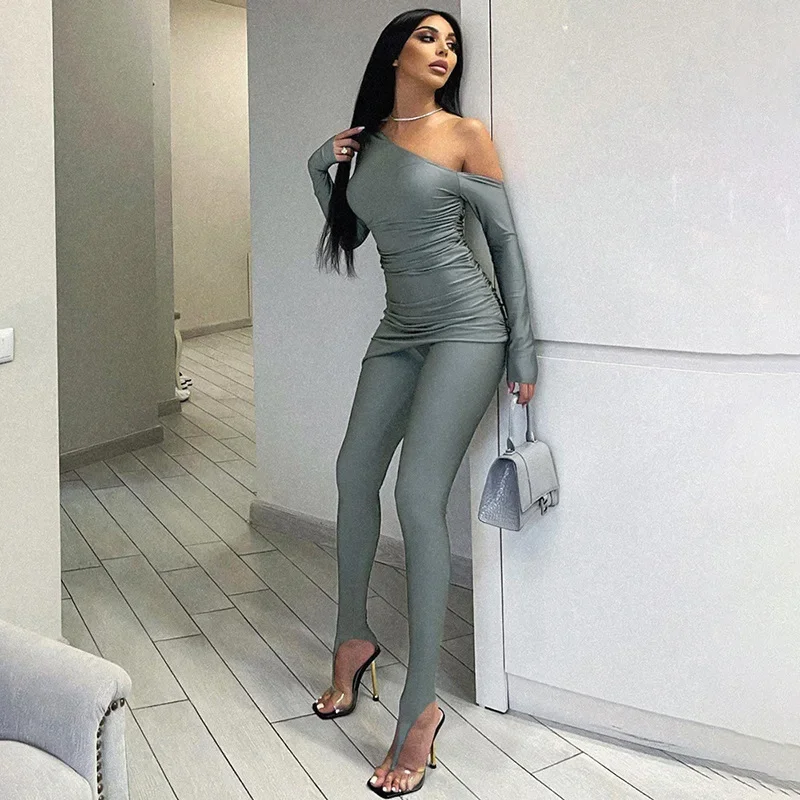 

Solid color sloped collar long-sleeved suit T-shirt + high-waisted leggings trousers tight two-piece set club clothing Vestidos