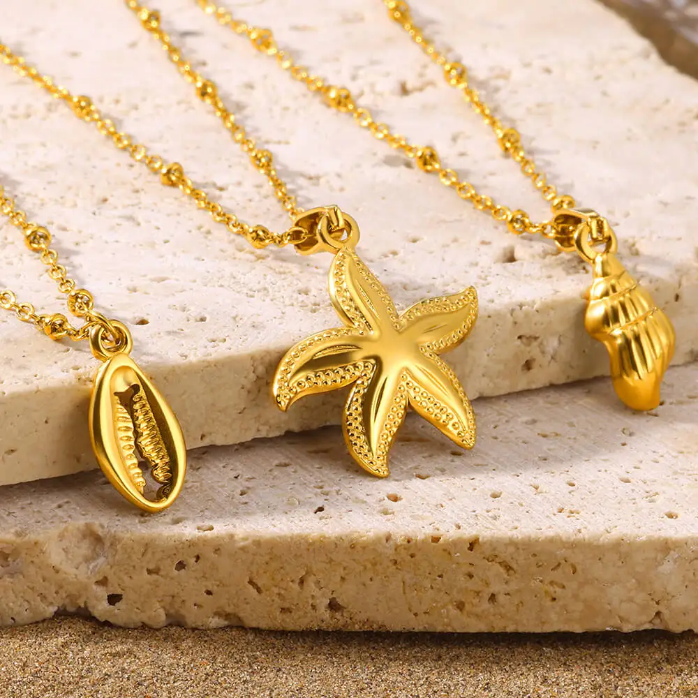 New Shell Starfish Conch Pendant Necklace for Women Gold Color Seaside Necklaces Stainless Steel Jewelry Summer Beach Gifts