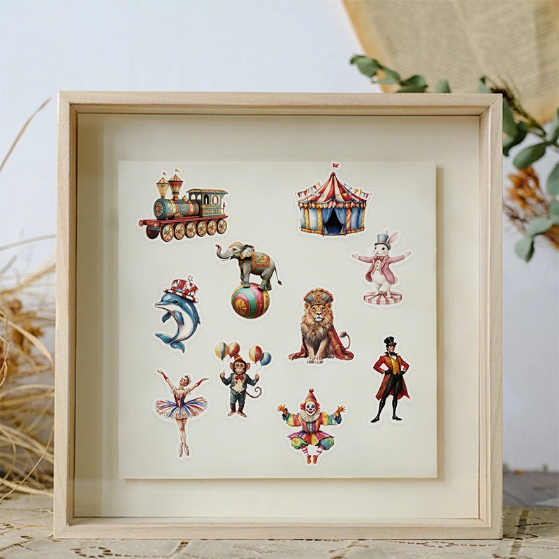 50 قطعة ملصقات السيرك خمر مهرج شفاف ، الحيوان ، خيمة ، الرجعية كرنفال السيرك ملصق مائي مقاوم للماء PET للحرف المجلية