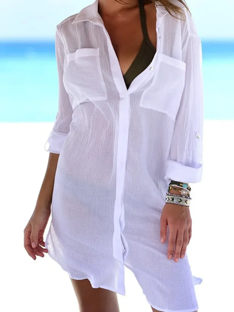 

Sales Beach Dress Tunic Women Solid Shirts with Pockets Bikini Cover Up Summer Wrinkle Chiffon Beachwear Swimming Suits