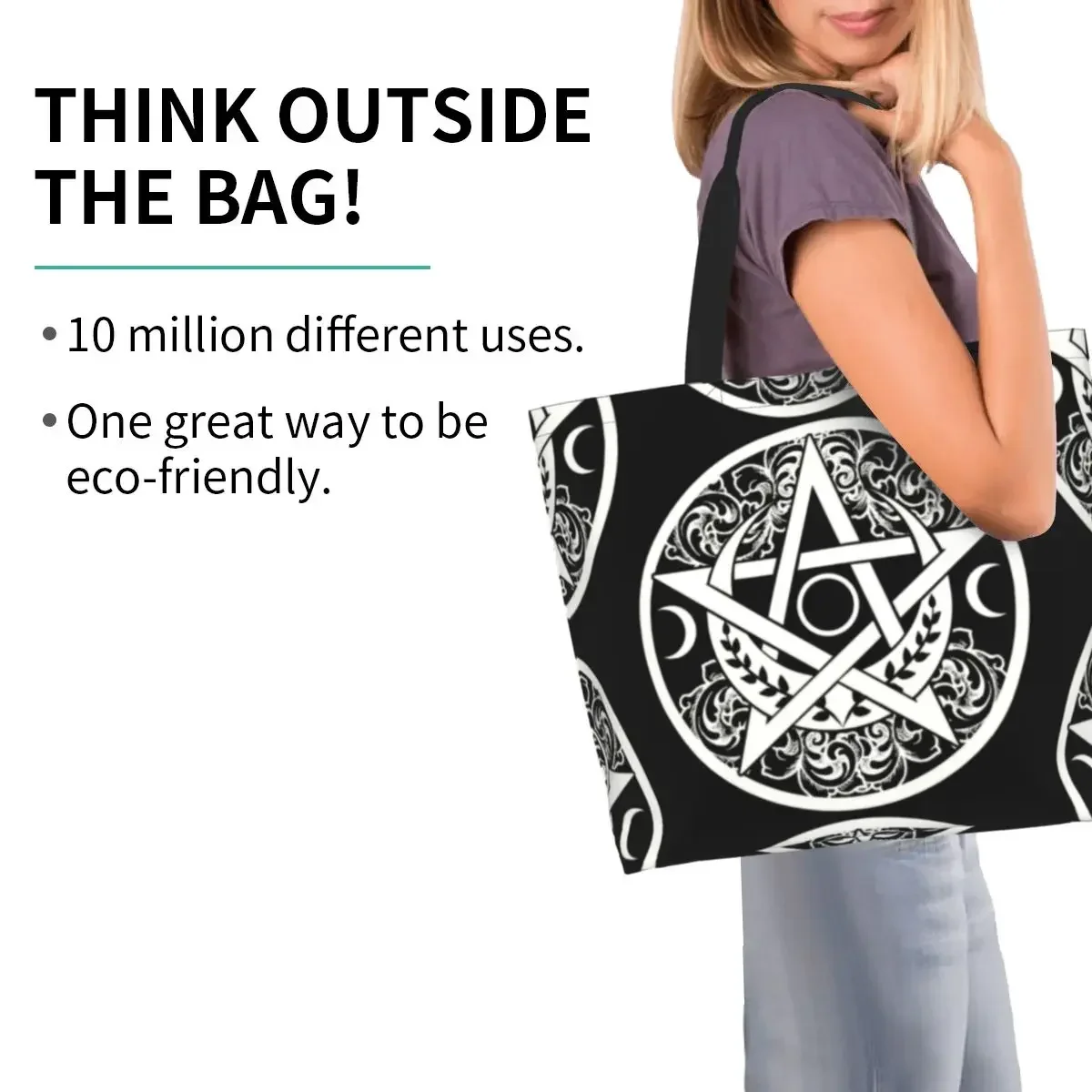 Pentacle Groceries Tote Shopping Bags Triple Moon Goddess Pagan Wiccan Canvas Shopper Shoulder  Large Capacity Handbags