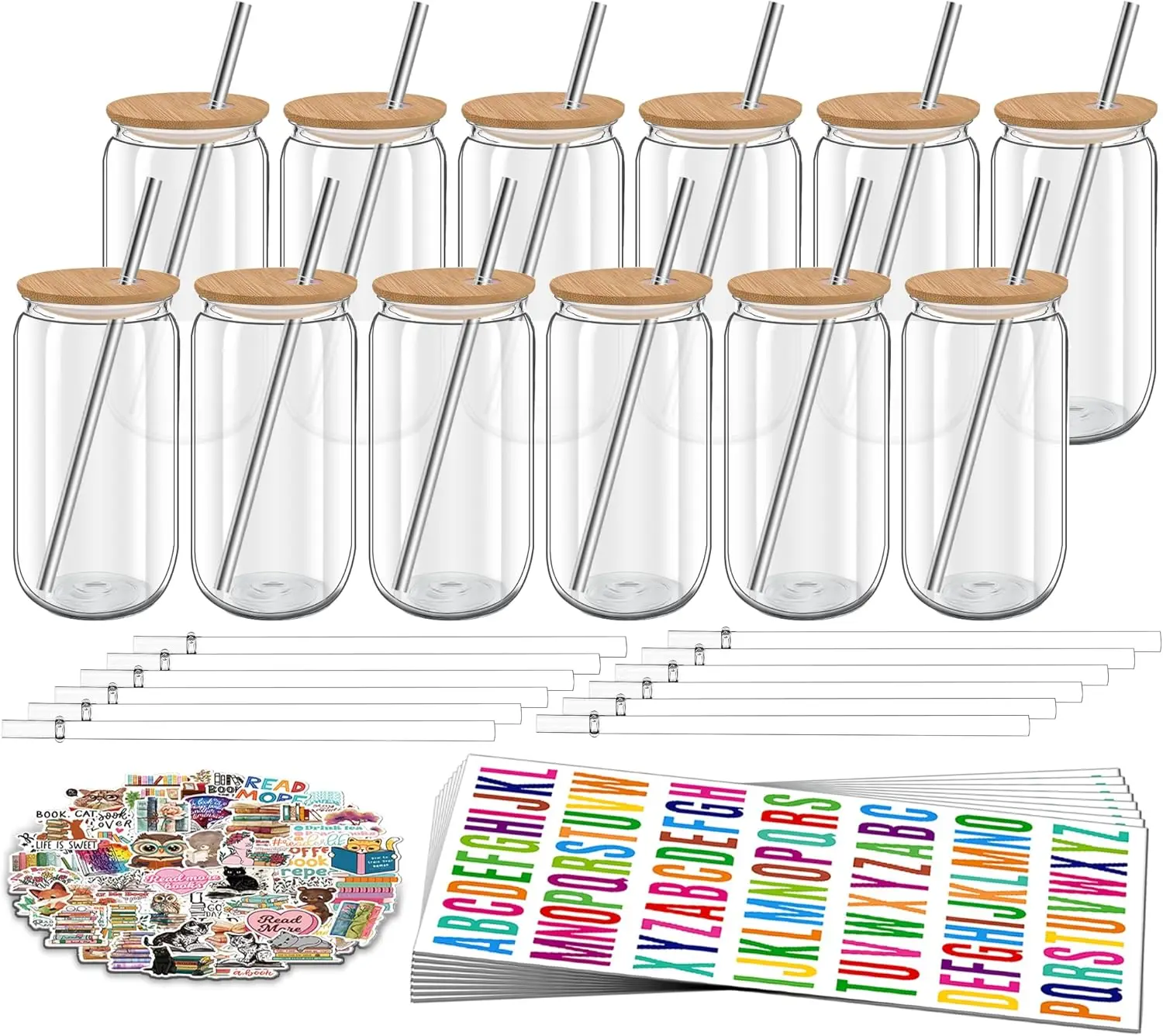

Reusable 16 oz Clear Acrylic Cups with Bamboo Lids, Straws & DIY Stickers, 12-Pack for Coffee, Picnics, Parties
