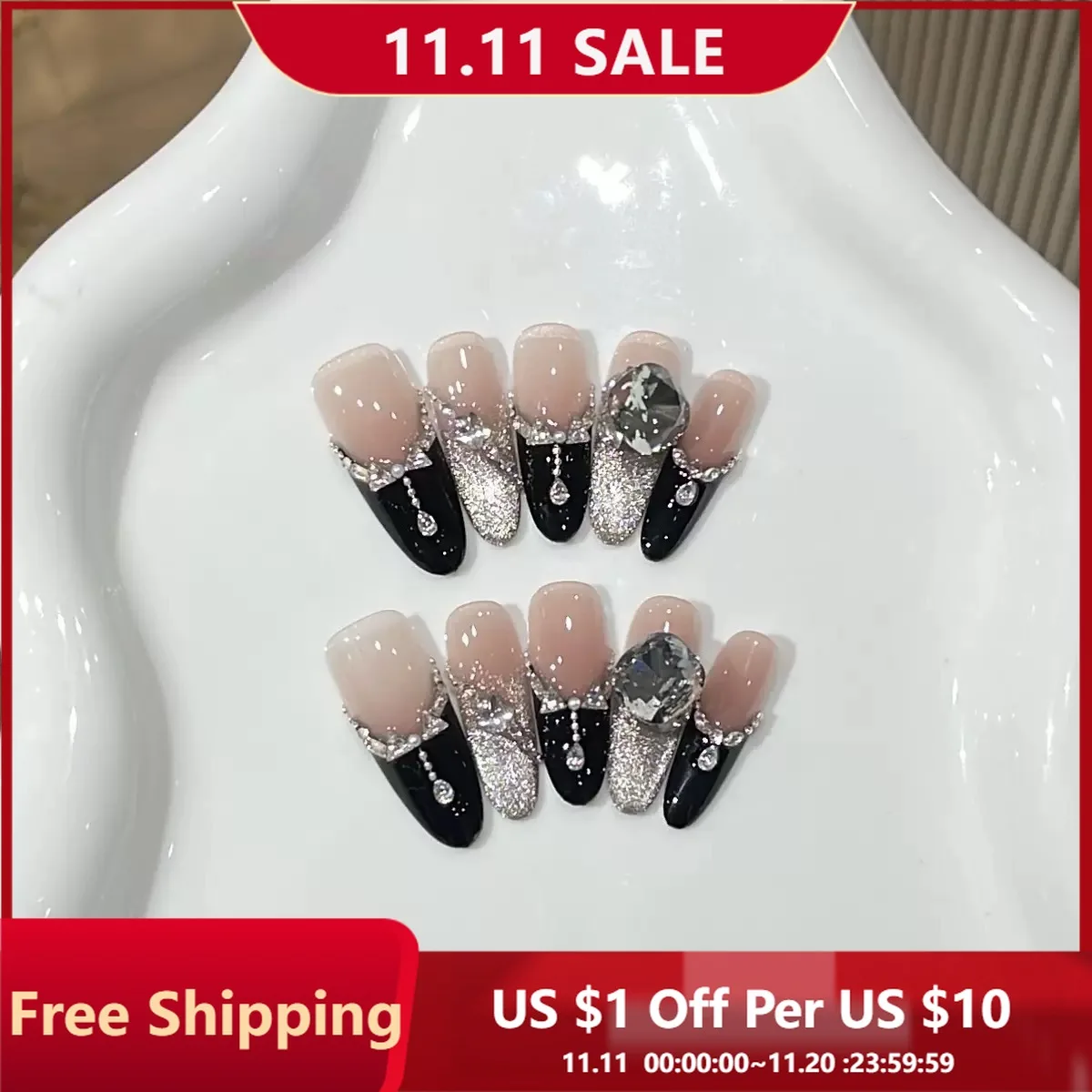 

10 шт. длинные роскошные накладные ногти со стразами, черные французские кончики, накладные ногти для женщин и девочек, свадебная вечеринка, танцевальная одежда