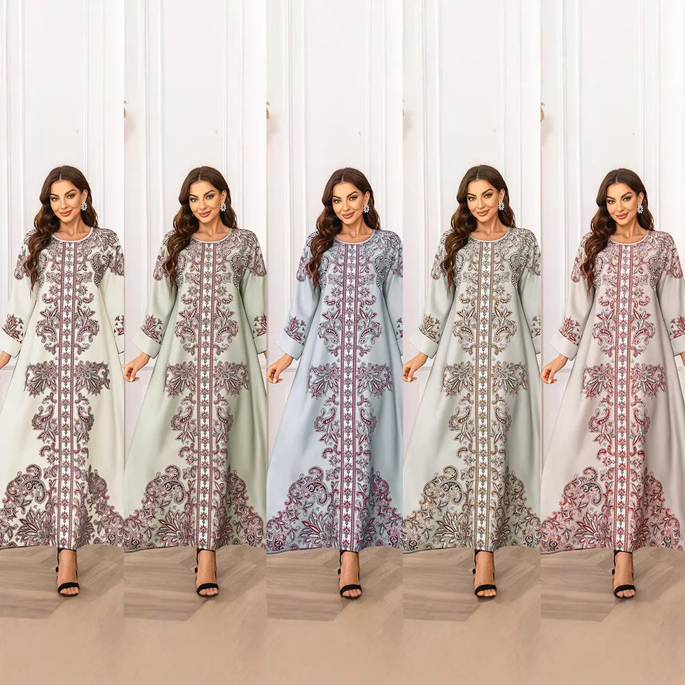 

Middle East high-density hot diamond bead printing Muslim women's robe elegant dress fashion simple temperament elegant vacation