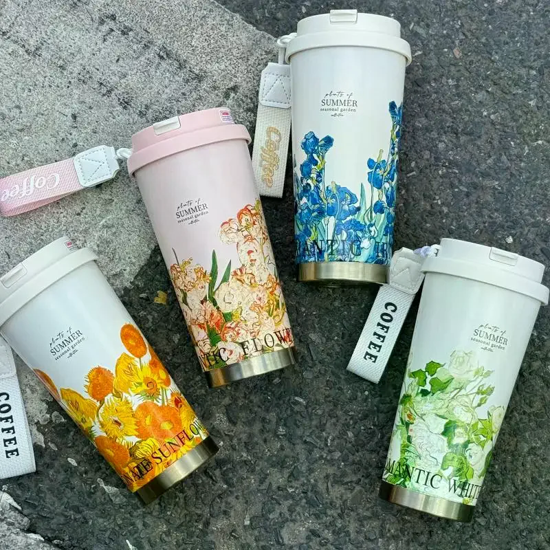550ml Cute Stainless Steel 316 Insulated Mug Floral Design Portable Coffee Cup Carrying Rope