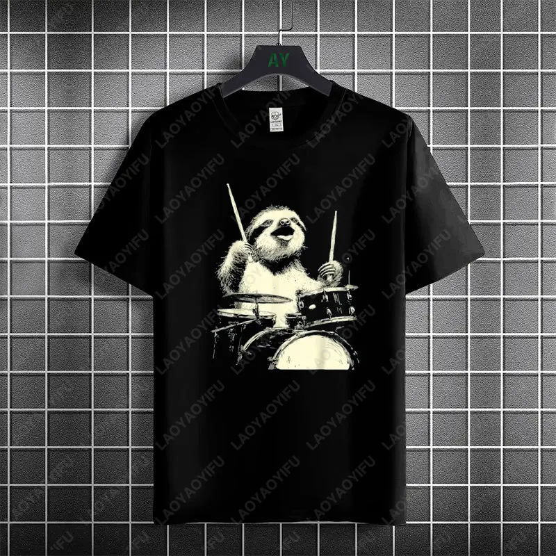 Funny Cute Sloth Playing Drums Animal Drummer Graphic T-shirt 100% Cotton Short Sleeve Round Neck Humor Style Casual Tshirt