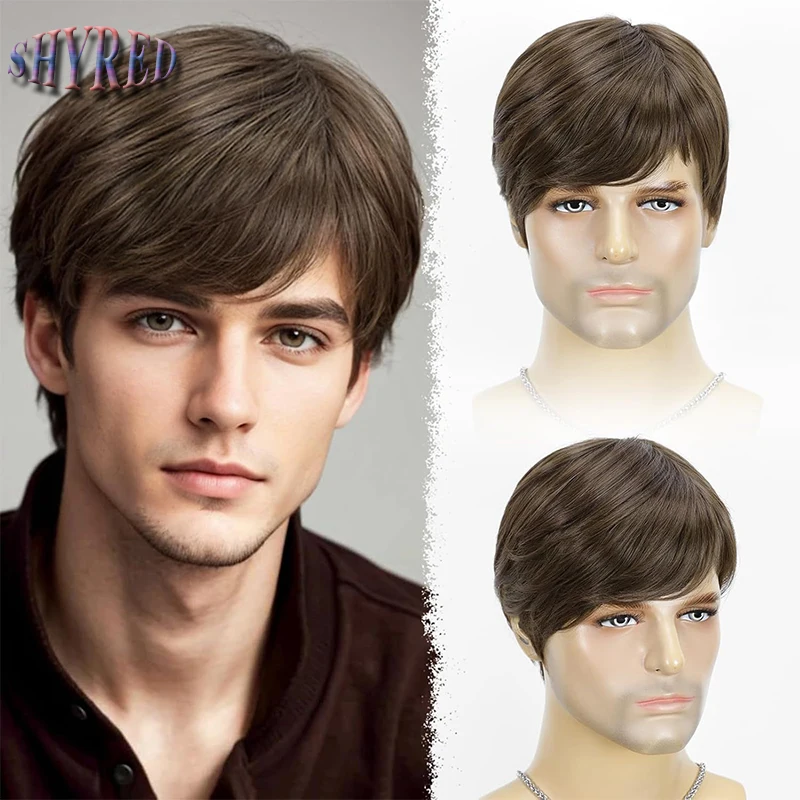 

Mens Synthetic Short Brown Straight Layered Wig with Bangs For Handsome Male Daily Party Use Wig Heat Resistant