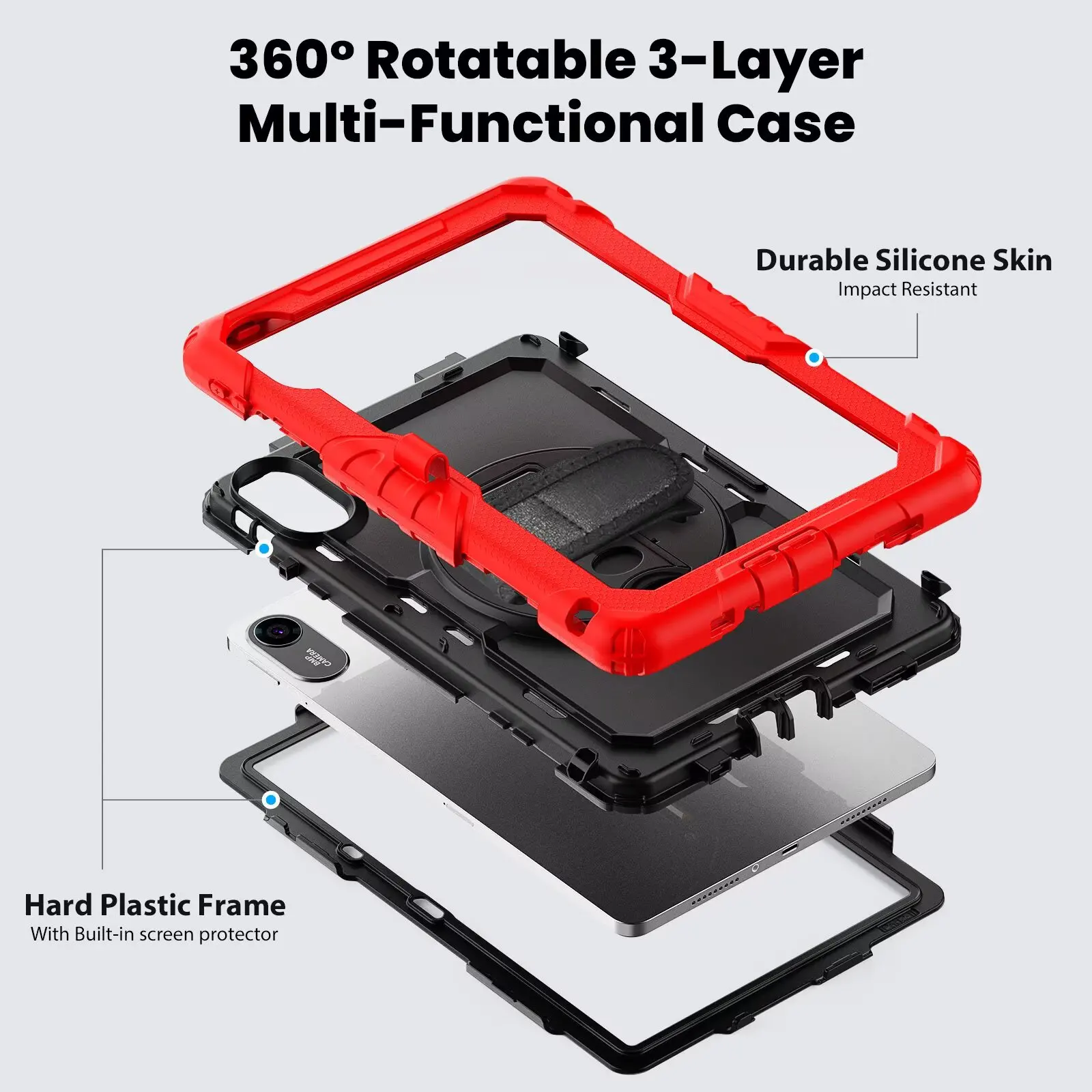 Ultimate Protection PC Case For Xiaomi Redmi Pad 2 SE 11 2025, 360 Rotation Hand Shoulder Strap 3 Layer Multifunctional Case