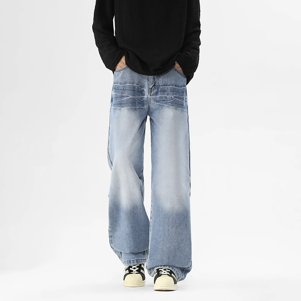 

Четырехсезонные стираные джинсы длиной до пола, модные свободные прямые брюки в стиле ретро в гонконгском стиле, повседневные рабочие брюки