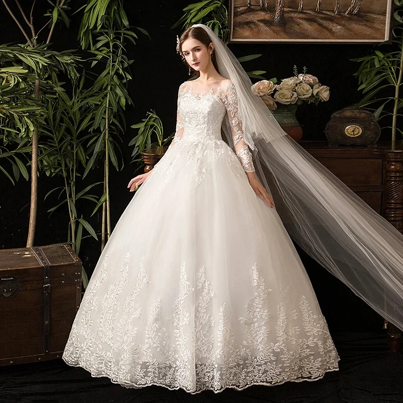 Long Sleeve Lace Wedding Dress, New Luxury White Ball Gown Princess Style, Custom Made Bridal Gown.