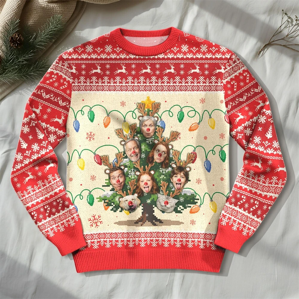Custom Reindeer Face Christmas Sweater Upload Your Photo Funny Family Crewneck Pullover Men Women Ugly Xmas Holiday Party Gift