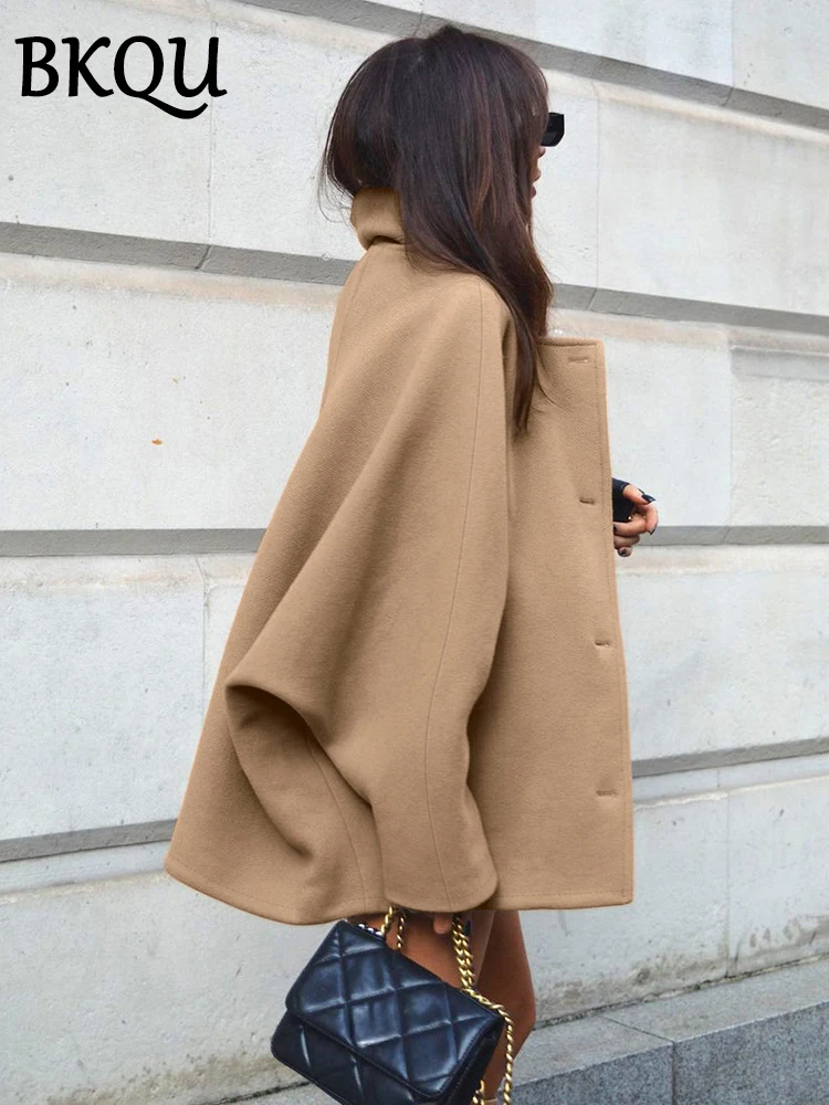 BKQU 2024 Fashion Single Breasted Loose Jacket Women Long Sleeve Wool Lapel Coat Autumn Winter Vintage Brown Warm Outerwears