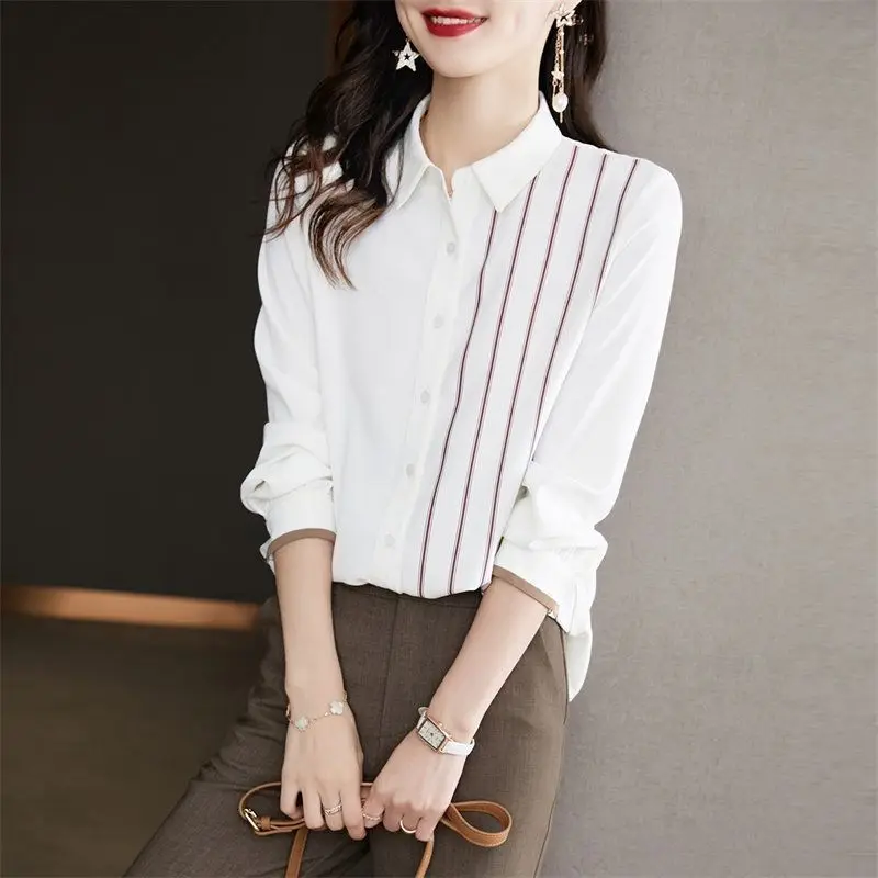 Spring Autumn Women\'s Clothing Turn-down Collar Striped Button Cardigan Lantern Long Sleeve Contrast Color Casual Shirt Tops