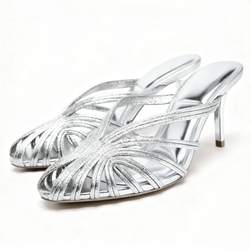 

Weave Designer Brand Women Slippers Shiny Narrow Band Fashion Dress Shoes Female Slides Hollow Luxury High Heeled Sandals Women
