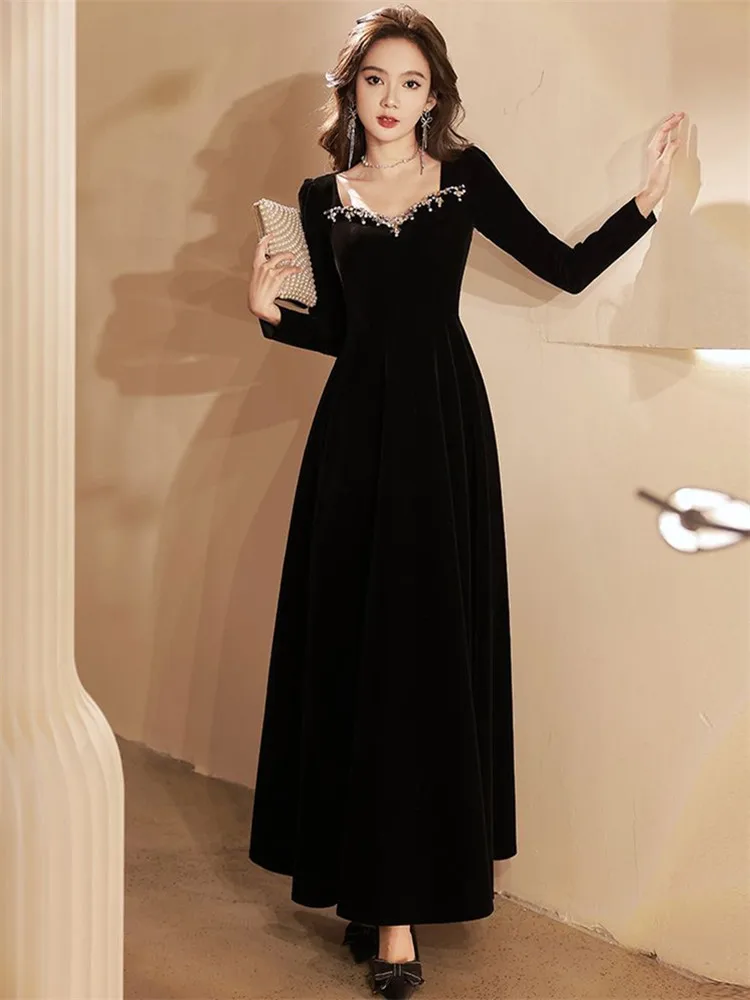 

Black Dress Female Autumn Winter Solid Color Diamond Studded Bead Square Collar Long Sleeve A-line Skirt Women's Clothing M024