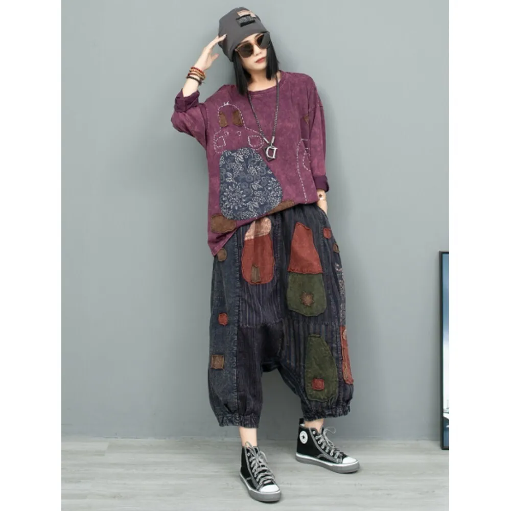 

Vintage Pant Set Stir Fried Hand Embroidered Long Sleeved T-shirt + Wide Crotch Pants Two-piece Set Women 2024 Autumn ZF174