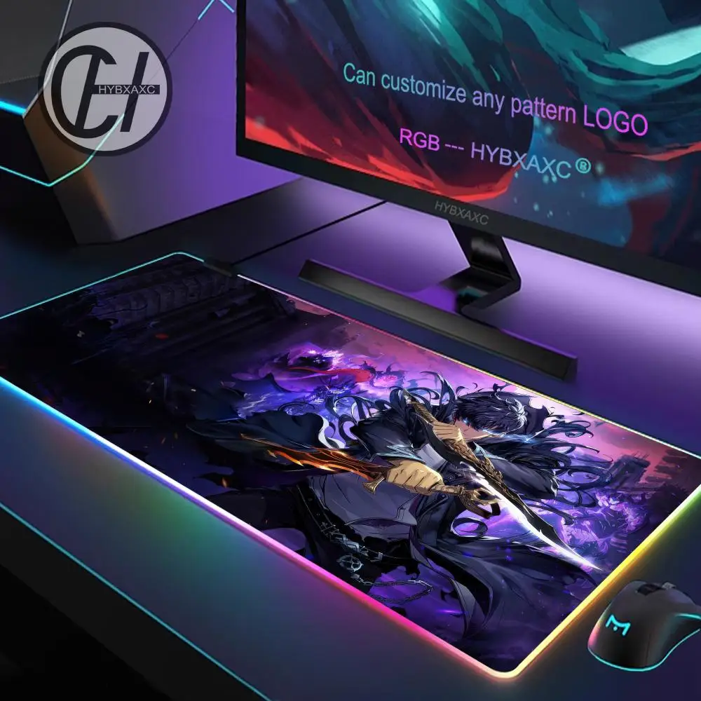 Mouse Pad Anime S-Solo L-Levelings RGB Gaming Desk Mat HD Gamer Large LED Light XXL MousePads Luminous Table Mat Carpet