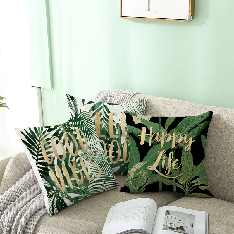 Green Tropical Leaves Cactus Pillowcase 45x45cm Marble Geometric Polyester Cushion Cover Living Room Sofa Chair Home Decor