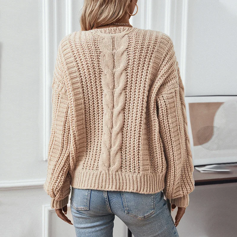 Solid Color Cable Sweater Women New Retro Loose Lantern Sleeve Twist Knit