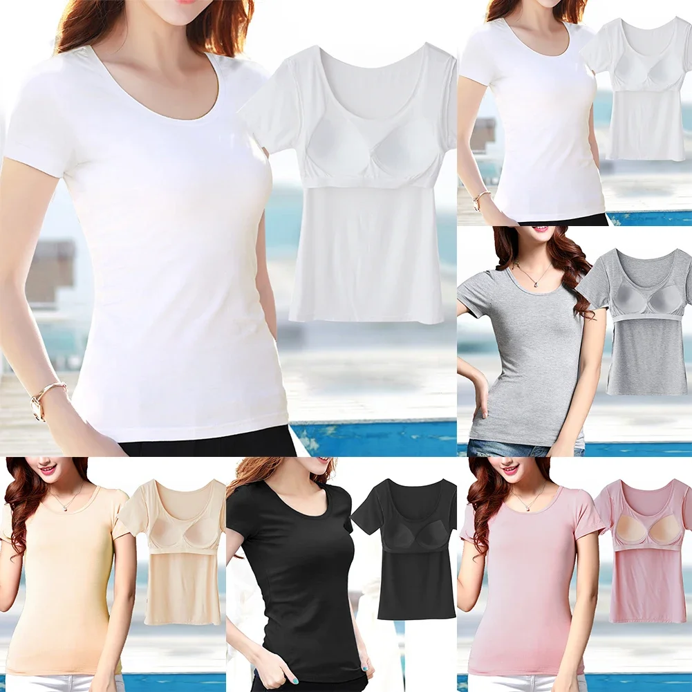 Ladies Short Sleeve Tops With Built In Bra Women Push Up Padded Layer T Shirt Crew Neck Modal Tee Comfortable