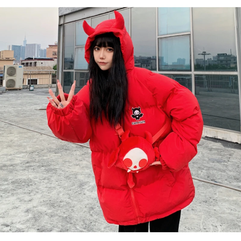 High Street Loose Parkas Men Women Little Devil Embroidered Thick Cotton Coats Hip Hop Wings Tail Hooded Warm Jackets with Bag