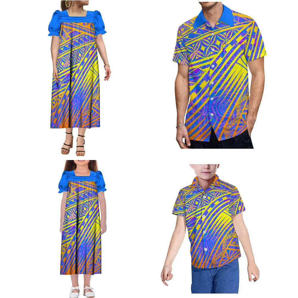 MUMU Dress Full Skirt Polynesian Family Gathering 4-Piece Set Mother Father Son Daughter Summer Short Sleeved Dress