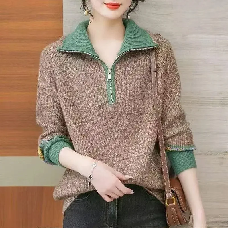 韓国風プルオーバージャケット レディース 2025年秋冬新作 ラペルジッパーセーターコート フェイクツーピースニットトップス インナーシャツ