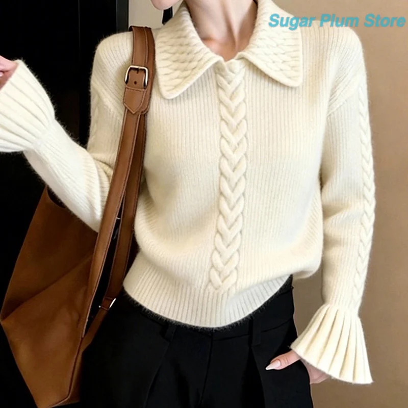 Korean Minimalist Women's Winter New Lapel Knit Sweater Twist Knit Rib Neckline Skin-friendly Soft Fashion Casual Commuter Top