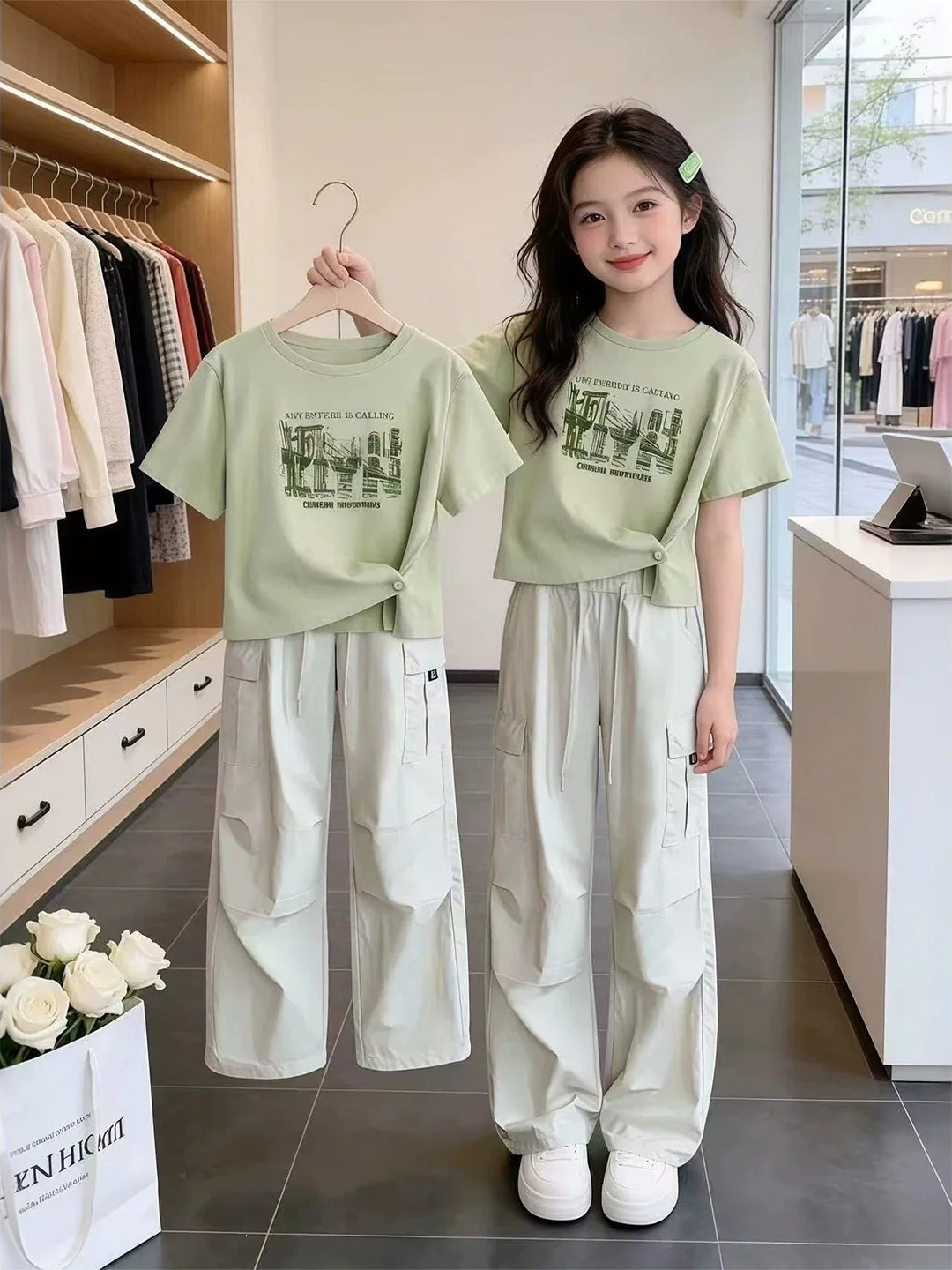 Girls Summer Casual Sporty Style Breathable Short Sleeve Wide Leg Pants Two Piece Set Lightweight Comfortable Fashionable