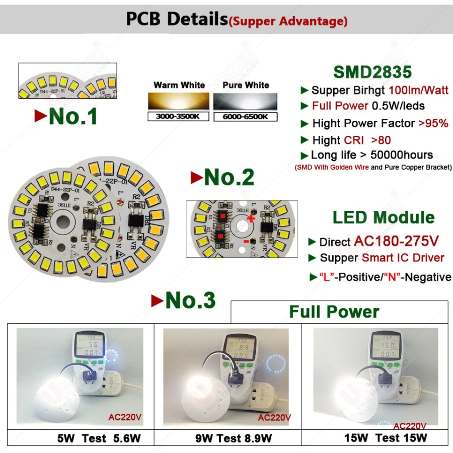 10pcs 3/5/7/9/12/15/18W AC220V Led downlight source driverless led pcb with smd integrated IC driver for downlight track lamp