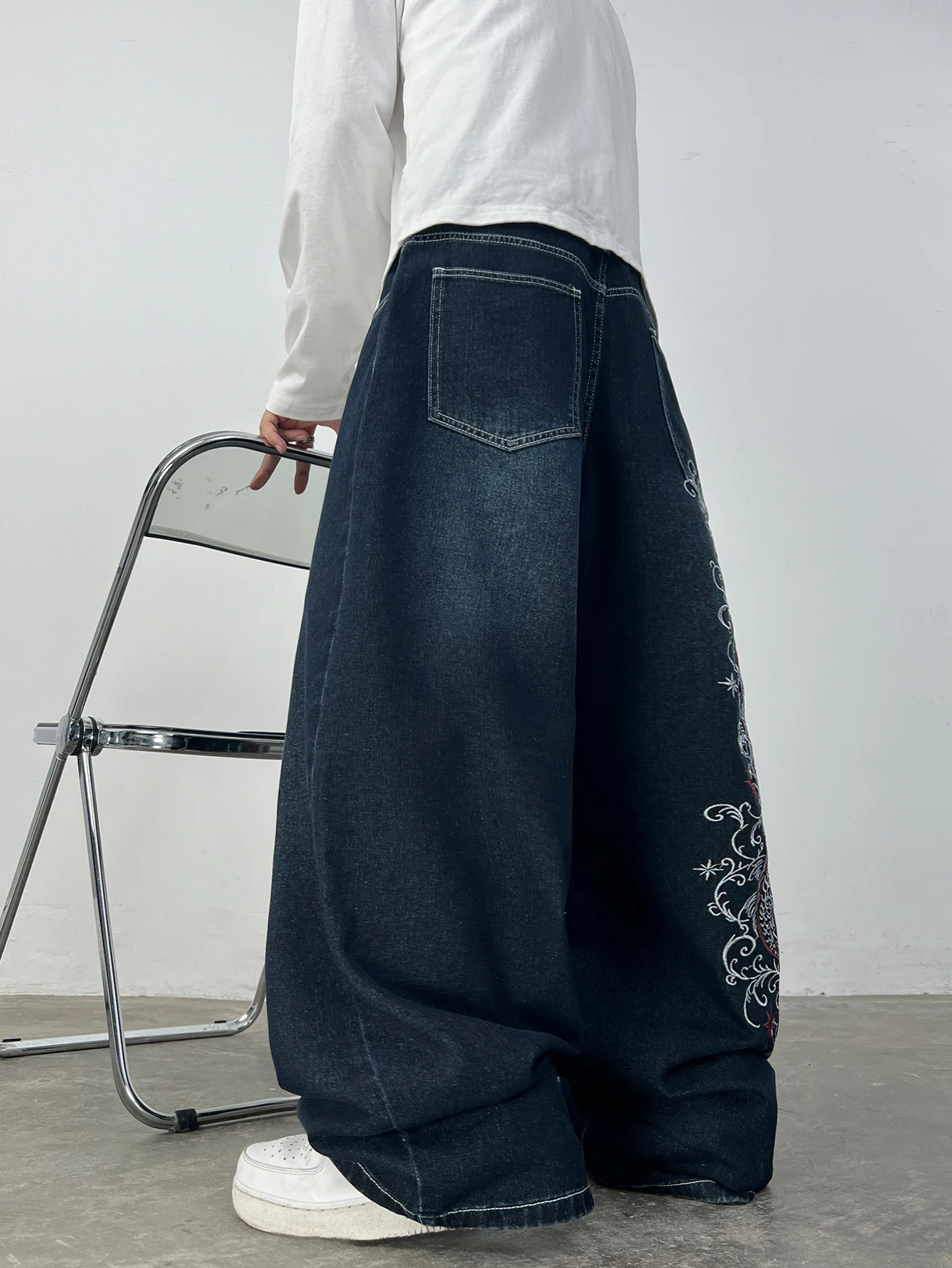 High Street Vintage Niche High-Quality Embroidered Washed Blue Baggy Jeans MenY2K Street Hip-Hop Trendy Versatile Wide-Leg Pants
