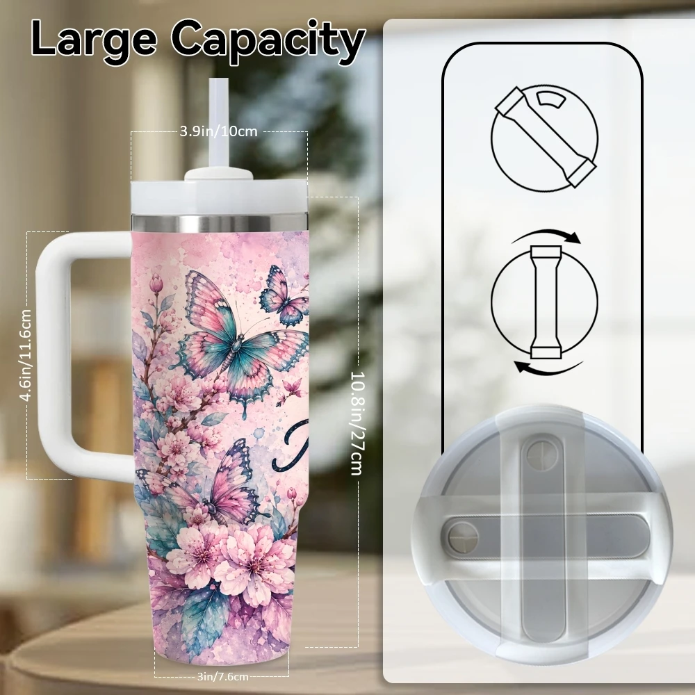 Faith-Inspired & Butterfly Vacuum Flasks 40oz Stainless Steel Insulated Tumbler with Handle Straw Lid Leakproof Travel Mug