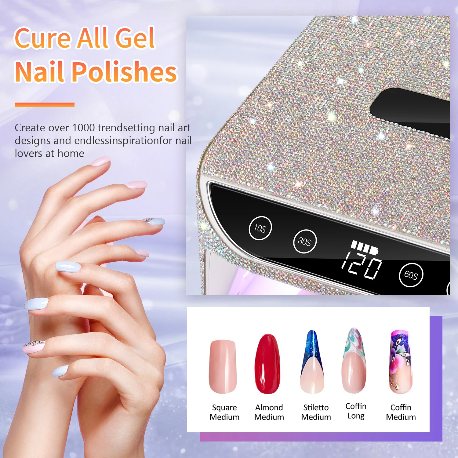 مصباح تجفيف الأظافر مع أحجار الراين القابلة لإعادة الشحن، آلة تجفيف طلاء الأظافر اللاسلكية مع مقبض مصباح LED للأظافر بالأشعة فوق البنفسجية