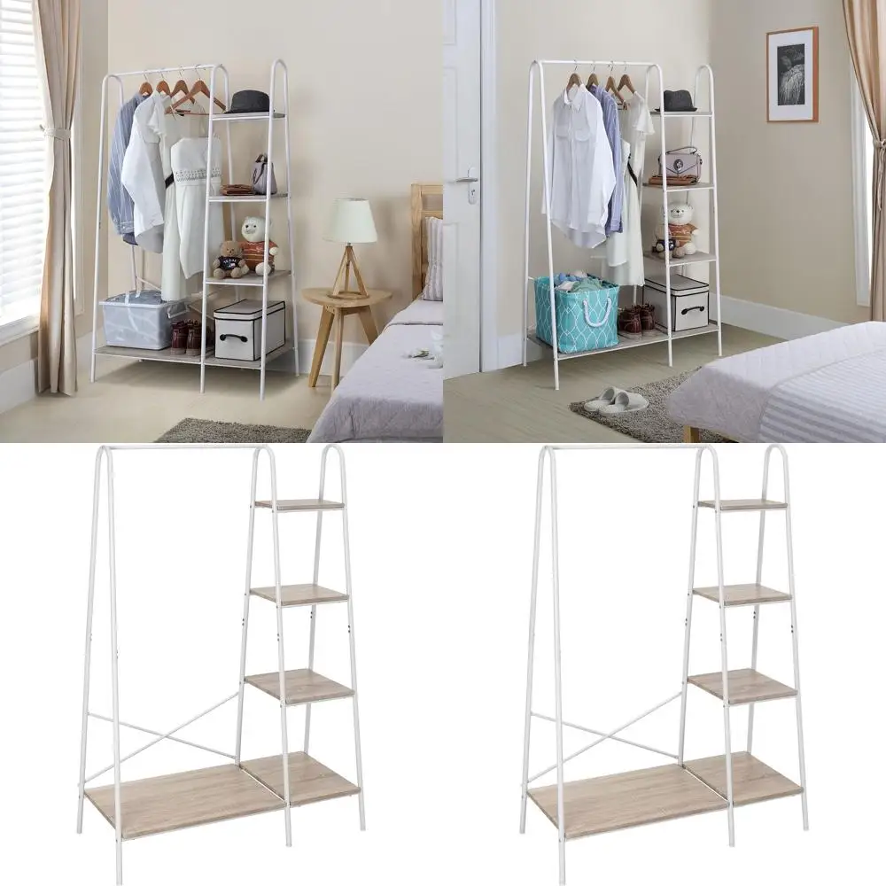 

Белая прочная напольная металлическая вешалка для одежды с 5 деревянными полками для спальни, прихожей и бутиков