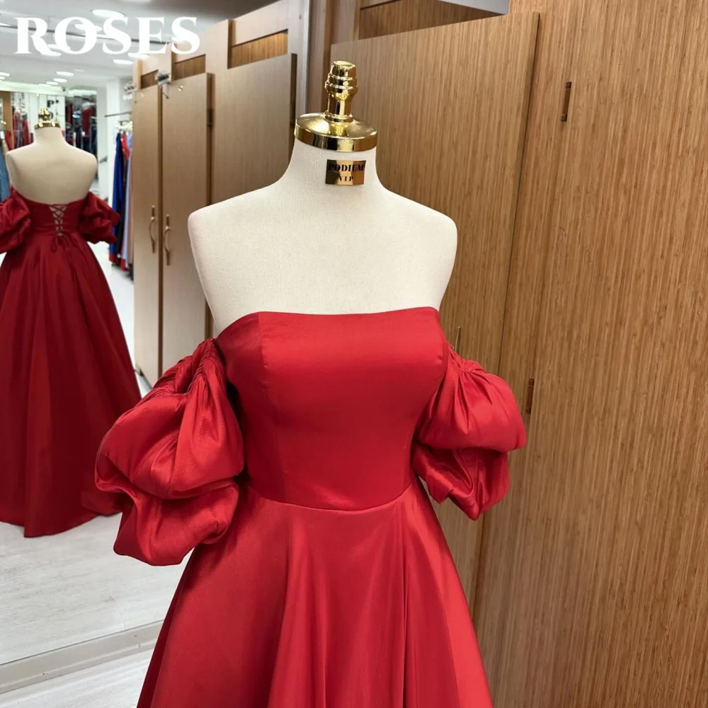 ROSES Rode elegante rugloze galajurk Strapless galajurk met pofmouwen voor dames Satijnen A-lijn Celebrity-jurken Francomo Question Op maat