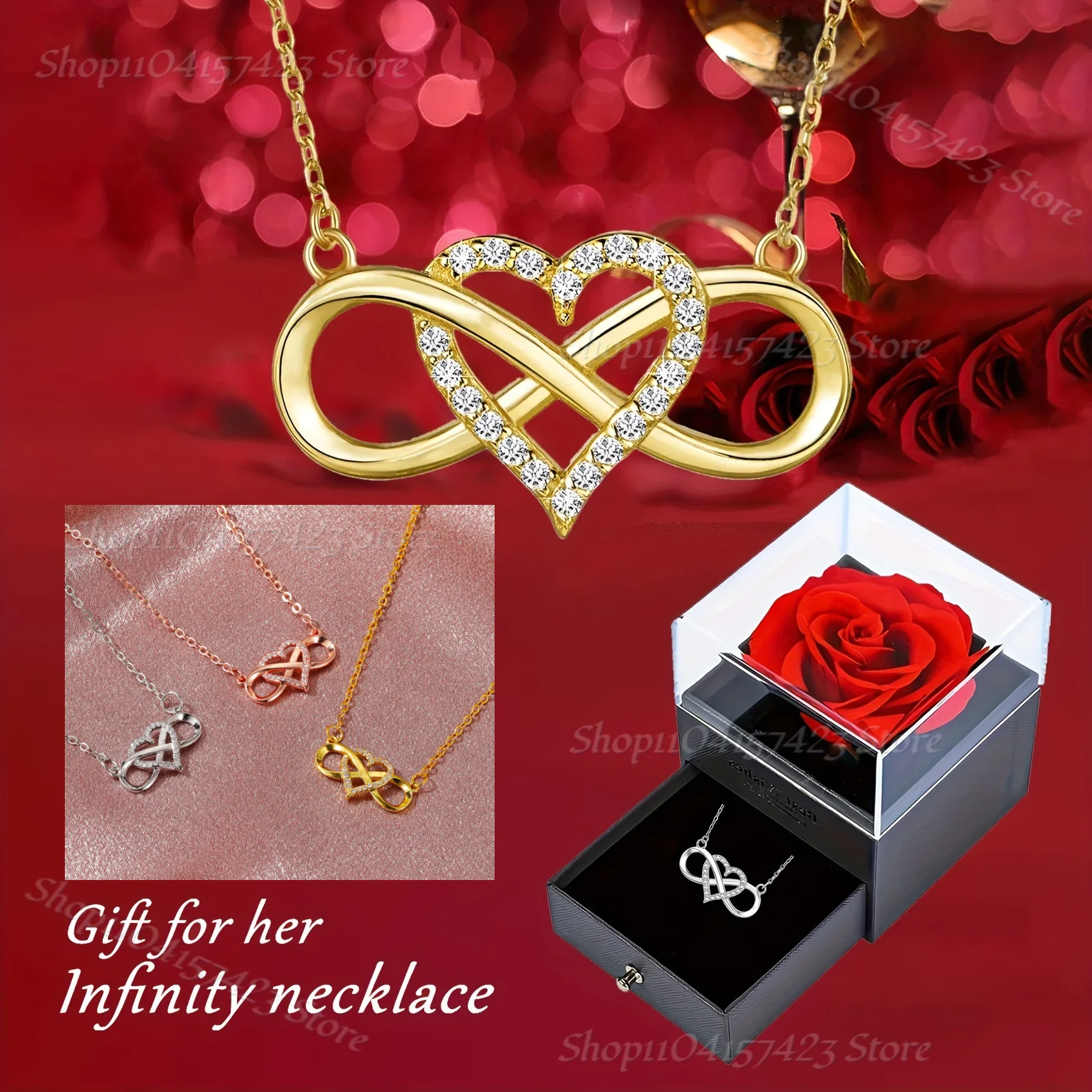 

Elegant Infinity Heart Shape Pendant Necklace With Luxury Rose Gift Box For Girlfriend Wife Christmas Valentine Anniversary Gift